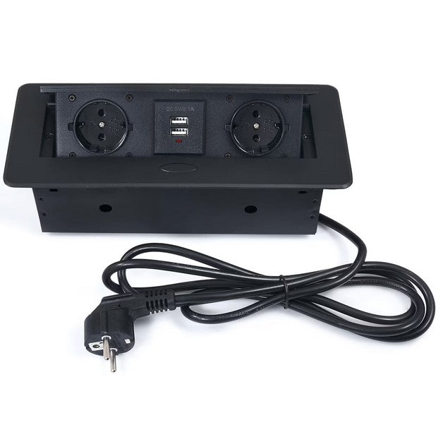 Priza incastrabila dreptunghiulara, Zola®, 2 prize alimentare 250V, 2x USB 2.1 - 2A, carcasa metalica, negru Priza incastrabila dreptunghiulara, Zola®, 2 prize alimentare 250V, 2x USB 2.1 - 2A, carcasa metalica, negru